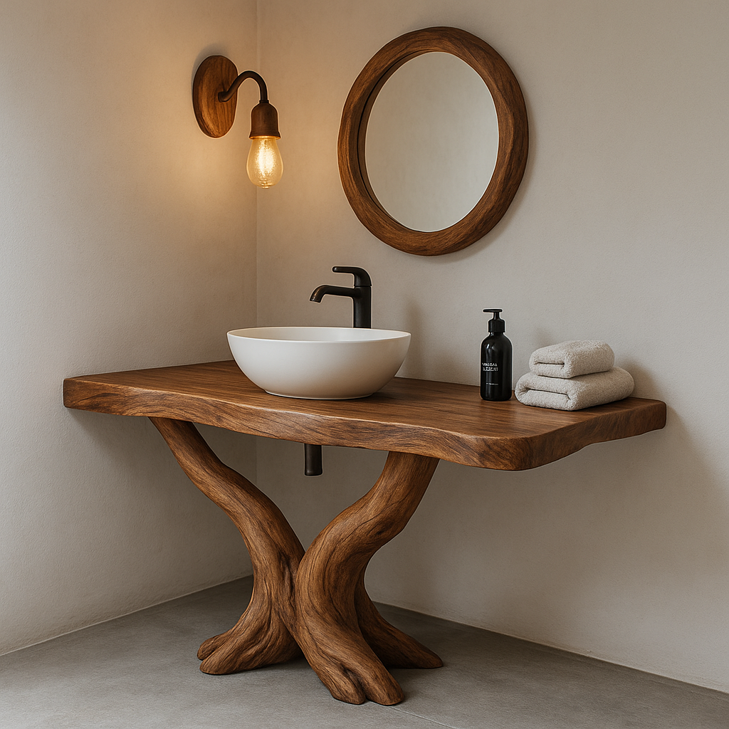Handcrafted Solid Wood Bathroom Vanity – Rustic Natural Design with Curved Root Base