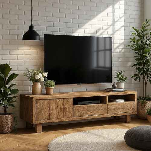 Handcrafted Solid Wood TV Stand – Modern Rustic Media Console with Drawers and Open Shelves