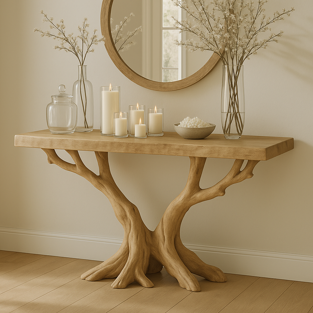 Handcrafted Solid Wood Console Table – Light Oak Organic Tree Branch Design for Modern Homes