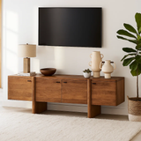 Handcrafted Solid Wood TV Stand – Modern Floating Media Console with Sculptural Base Design