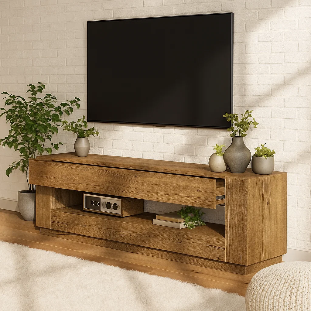 Handcrafted Solid Wood TV Stand – Modern Minimalist Media Console with Hidden Storage Shelf