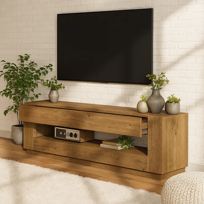 Handcrafted Solid Wood TV Stand – Modern Minimalist Media Console with Hidden Storage Shelf