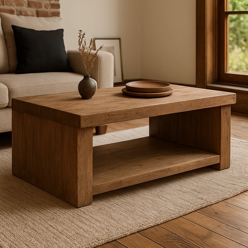 Handcrafted Solid Wood Coffee Table – Rustic Contemporary Center Table with Open Shelf and Matte Natural Finish
