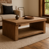 Handcrafted Solid Wood Coffee Table – Rustic Contemporary Center Table with Open Shelf and Matte Natural Finish