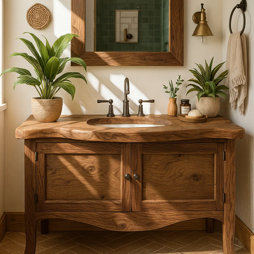 Handcrafted Solid Wood Bathroom Vanity with Curved Design and Double Door Storage