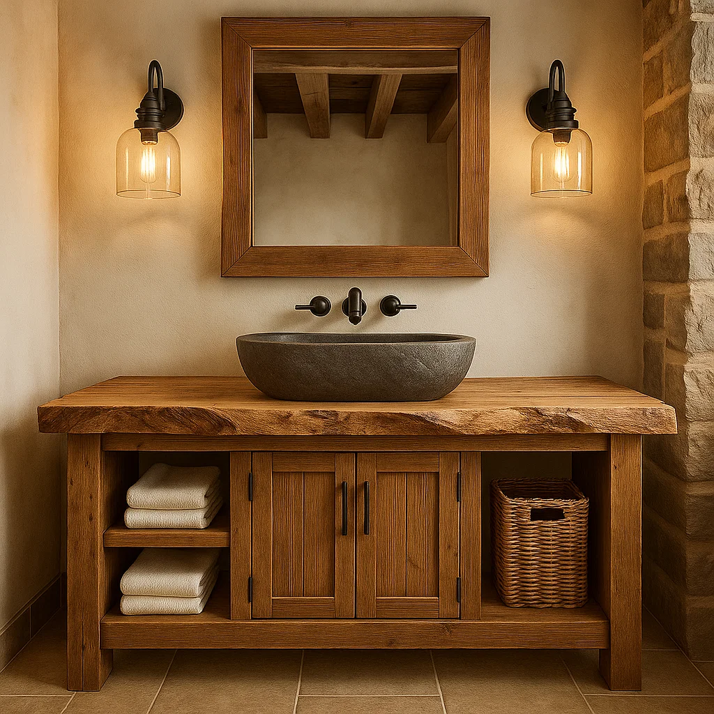 Handcrafted Solid Wood Bathroom Vanity with Live Edge Top and Double Door Storage