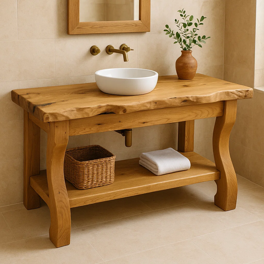Handcrafted Solid Wood Bathroom Vanity with Curved Legs and Live Edge Countertop