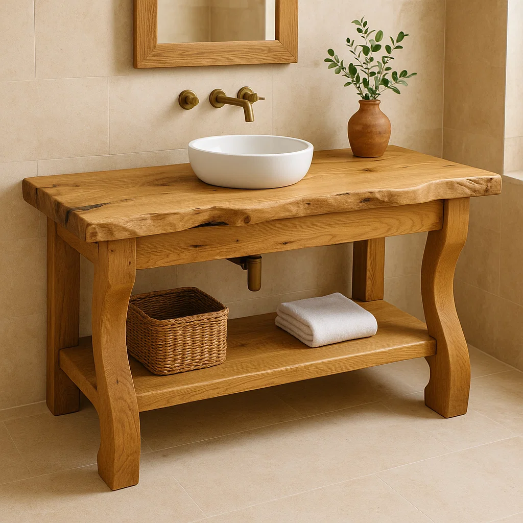 Handcrafted Solid Wood Bathroom Vanity with Curved Legs and Live Edge Countertop