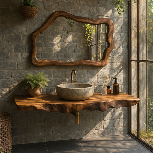 Handcrafted Solid Wood Floating Vanity with Natural Wave Edge for Organic Modern Bathrooms