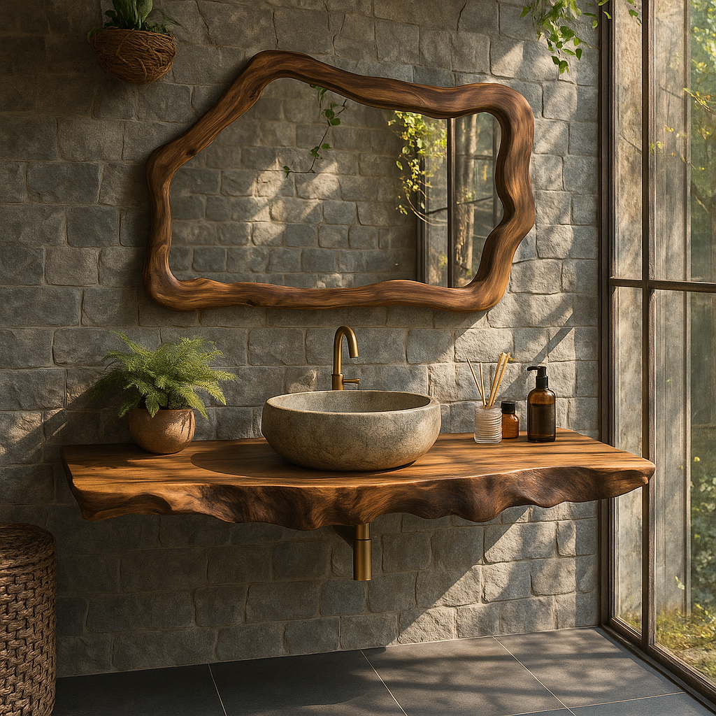 Handcrafted Solid Wood Floating Vanity with Natural Wave Edge for Organic Modern Bathrooms
