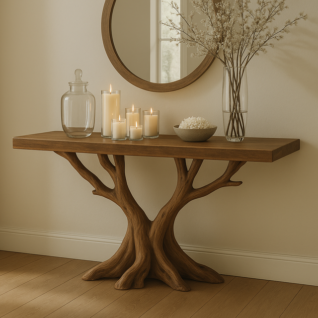 Handcrafted Solid Wood Console Table – Sculptural Tree Branch Base for Modern Natural Interiors