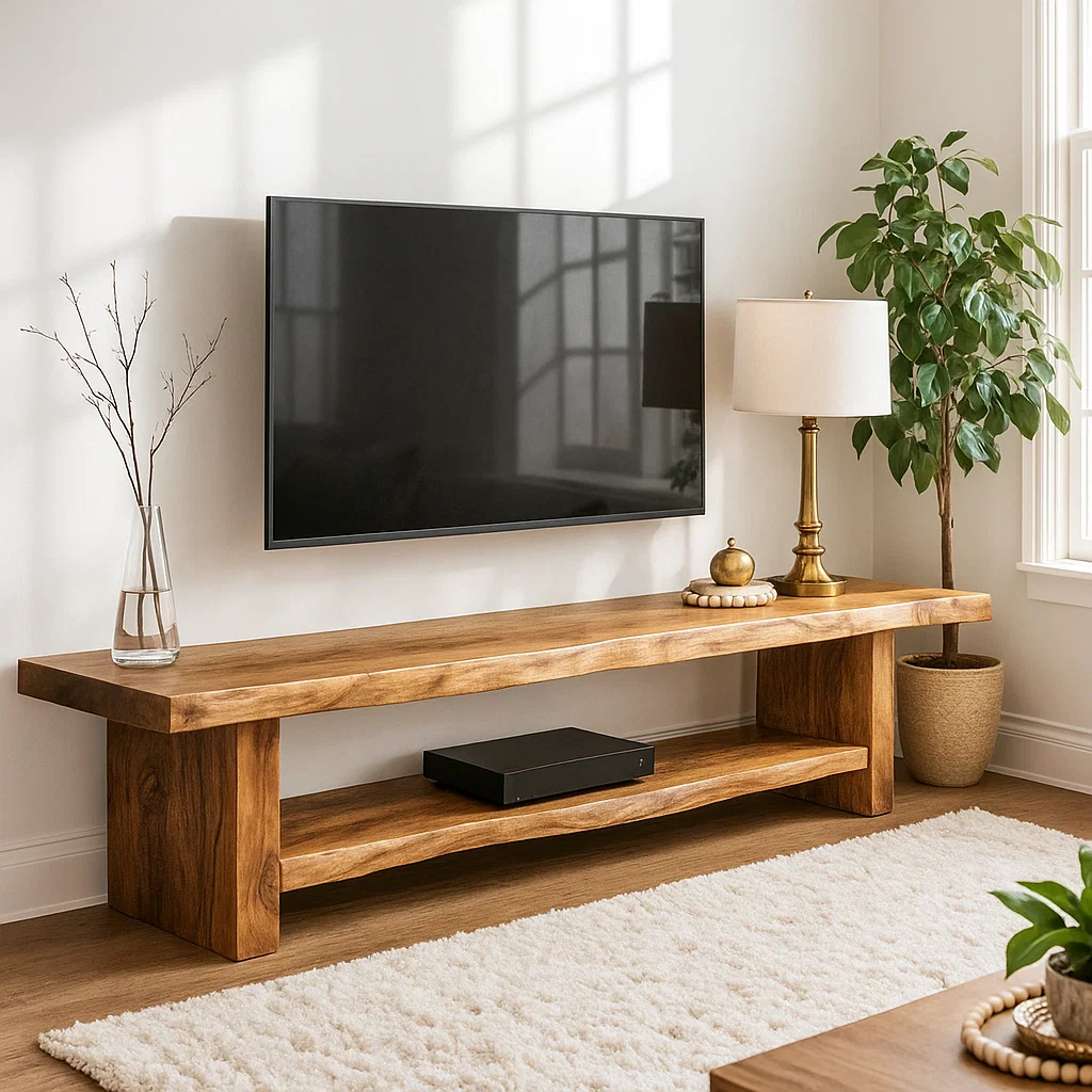 Handcrafted Solid Wood Live Edge TV Stand – Minimalist Organic Media Console for Living Room