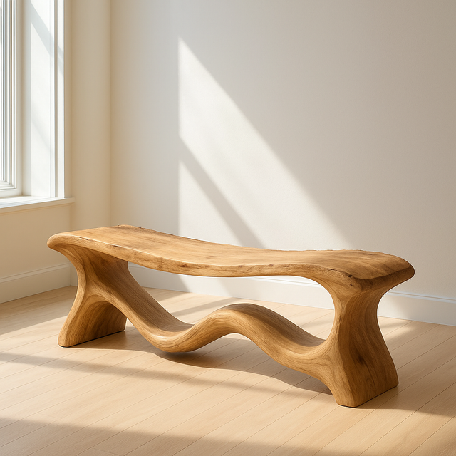 Handcrafted Solid Wood Bench – Organic Sculptural Design with Smooth Curves and Natural Finish