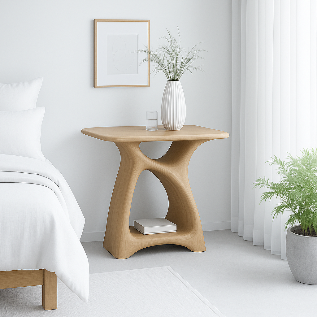 Handcrafted Solid Wood Nightstand – Modern Sculptural Bedside Table with Open Shelf