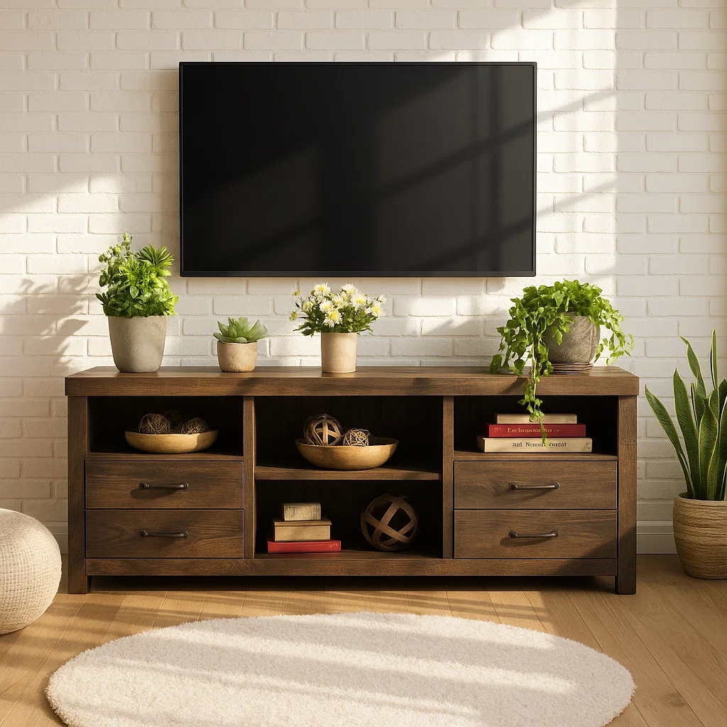 Handcrafted Solid Wood TV Stand with Drawers – Rustic Modern Media Console Furniture