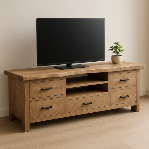 Handcrafted Solid Wood TV Stand with Live Edge Top – Rustic Modern Media Console with Drawers & Open Shelves