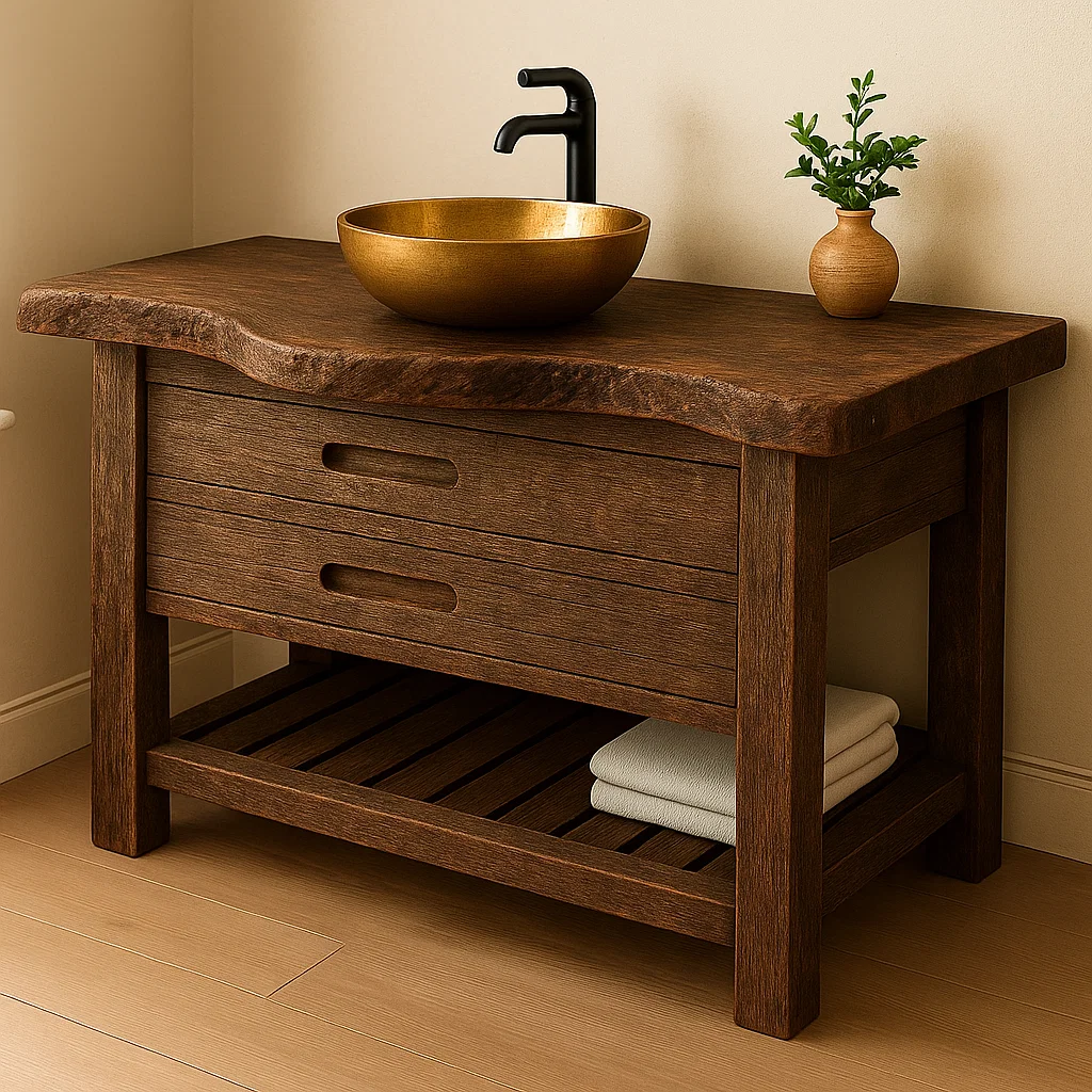 Handcrafted Solid Wood Bathroom Vanity – Rustic Live Edge Base with Drawers and Slatted Shelf