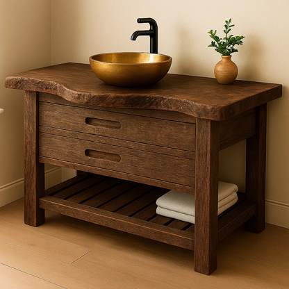 Handcrafted Solid Wood Bathroom Vanity – Rustic Live Edge Base with Drawers and Slatted Shelf