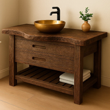 Handcrafted Solid Wood Bathroom Vanity – Rustic Live Edge Base with Drawers and Slatted Shelf