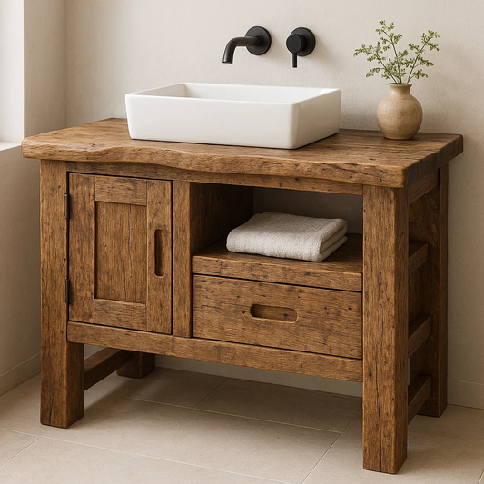 Handcrafted Solid Wood Bathroom Vanity – Rustic Live Edge Base with Drawer and Cabinet Storage