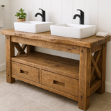 Handcrafted Solid Wood Bathroom Vanity – Rustic Live Edge Double Base with Drawers and Cross-Leg Design