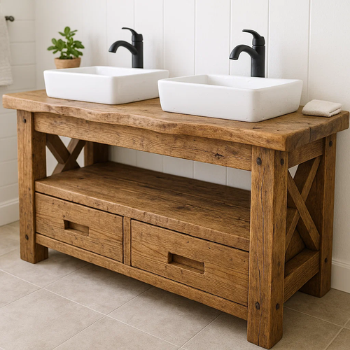 Handcrafted Solid Wood Bathroom Vanity – Rustic Live Edge Double Base with Drawers and Cross-Leg Design