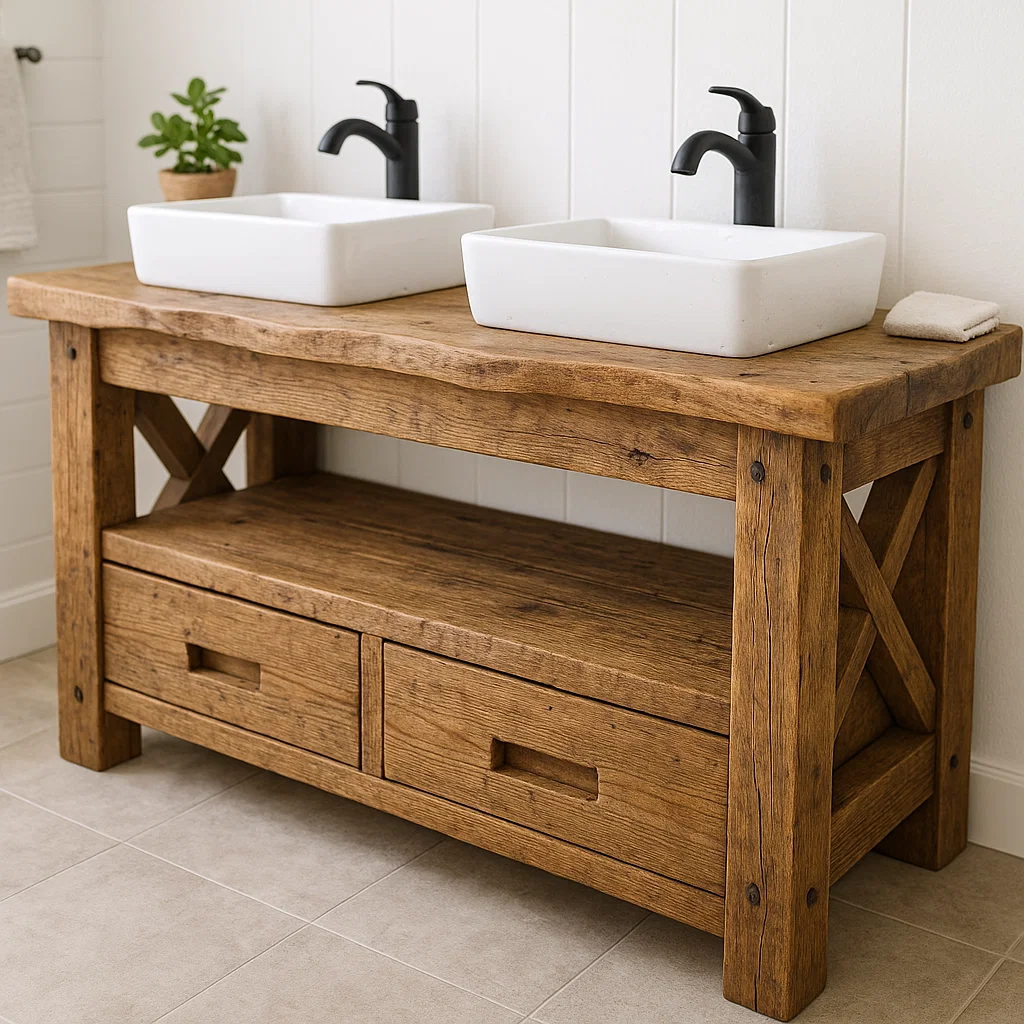 Handcrafted Solid Wood Bathroom Vanity – Rustic Live Edge Double Base with Drawers and Cross-Leg Design