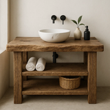 Handcrafted Solid Wood Bathroom Vanity – Rustic Live Edge Base with Double Open Shelves