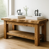 Handcrafted Solid Wood Bathroom Vanity – Rustic Double Live Edge Base with Open Shelf