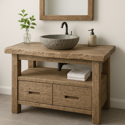 Handcrafted Solid Wood Bathroom Vanity – Rustic Live Edge Base with Drawers and Open Shelf