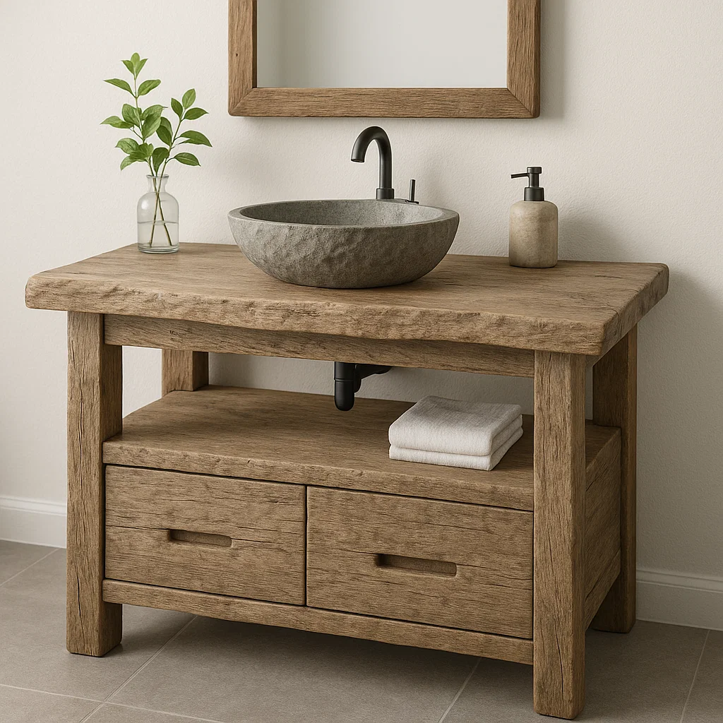 Handcrafted Solid Wood Bathroom Vanity – Rustic Live Edge Base with Drawers and Open Shelf