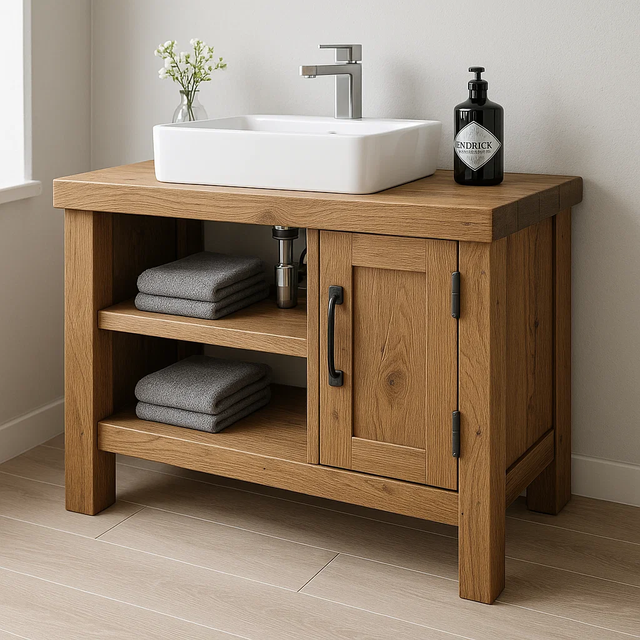 Handcrafted Solid Wood Bathroom Vanity – Modern Rustic Base with Door and Open Shelves