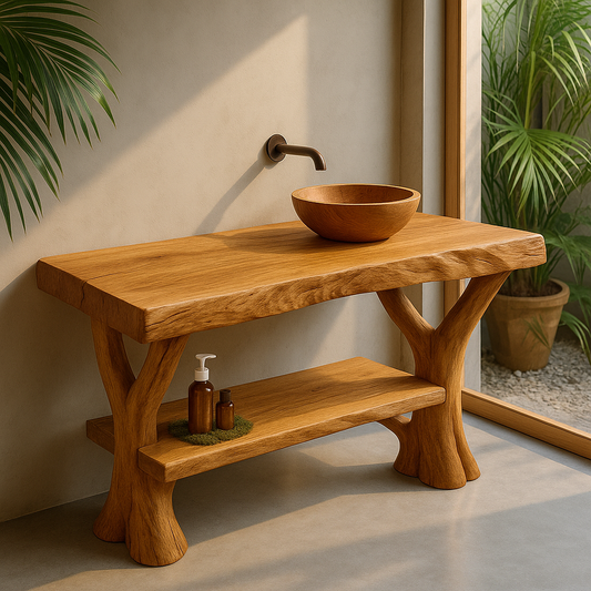 Handcrafted Solid Wood Bathroom Vanity – Natural Live Edge Design with Organic Branch Legs