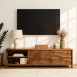 Handcrafted Solid Wood TV Stand – Modern Slatted Media Console with Sliding Doors Design