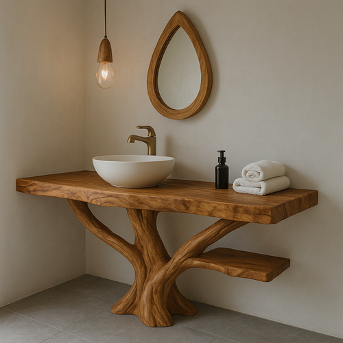 Handcrafted Solid Wood Bathroom Vanity – Sculptural Live Edge Design with Natural Finish