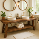 Handcrafted Double Solid Wood Bathroom Vanity with Drawers and Slatted Shelf for Modern Homes