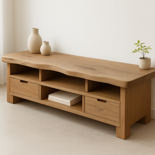 Handcrafted Solid Wood TV Stand with Wavy Live Edge – Organic Modern Media Console with Drawers & Open Shelves