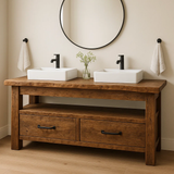 Rustic Handcrafted Solid Wood Double Vanity – Live Edge Base with Drawers and Open Shelf