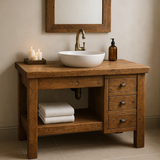 Handcrafted Solid Wood Bathroom Vanity – Rustic Base with Side Drawers and Open Shelf