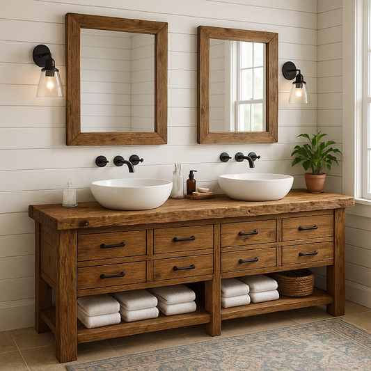 Handcrafted Solid Wood Double Sink Vanity – Rustic Farmhouse Base with 8 Drawers and Open Shelf
