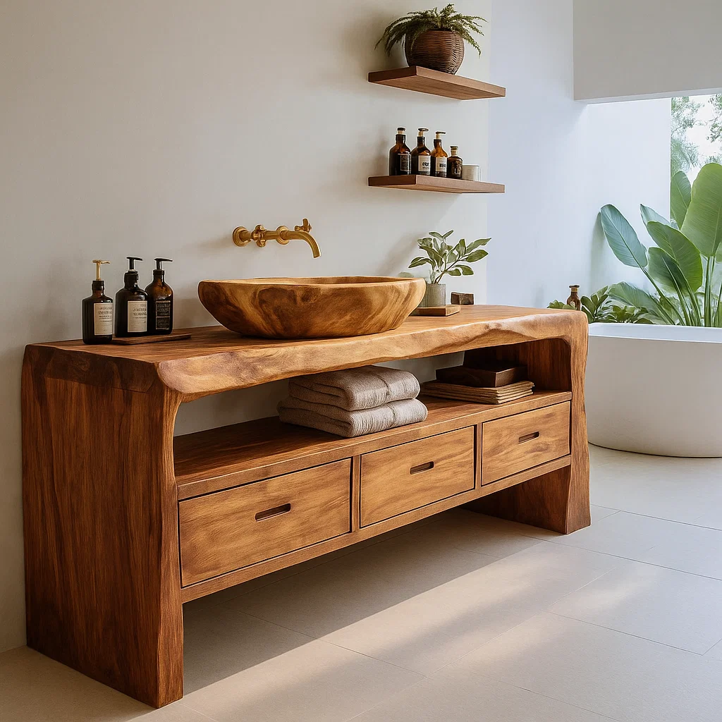 Handcrafted Solid Wood Live-Edge Bathroom Vanity – Organic Modern Base with 3 Drawers and Open Shelf