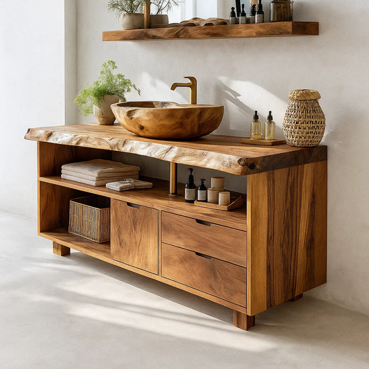 Handcrafted Solid Wood Live-Edge Vanity Base – Organic Modern Bathroom Console with Shelves and Drawers