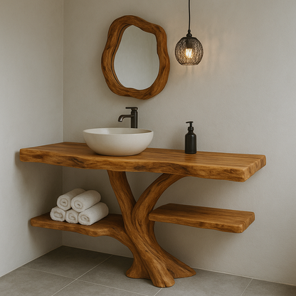 Handcrafted Solid Wood Bathroom Vanity – Natural Live Edge Design with Organic Curved Base