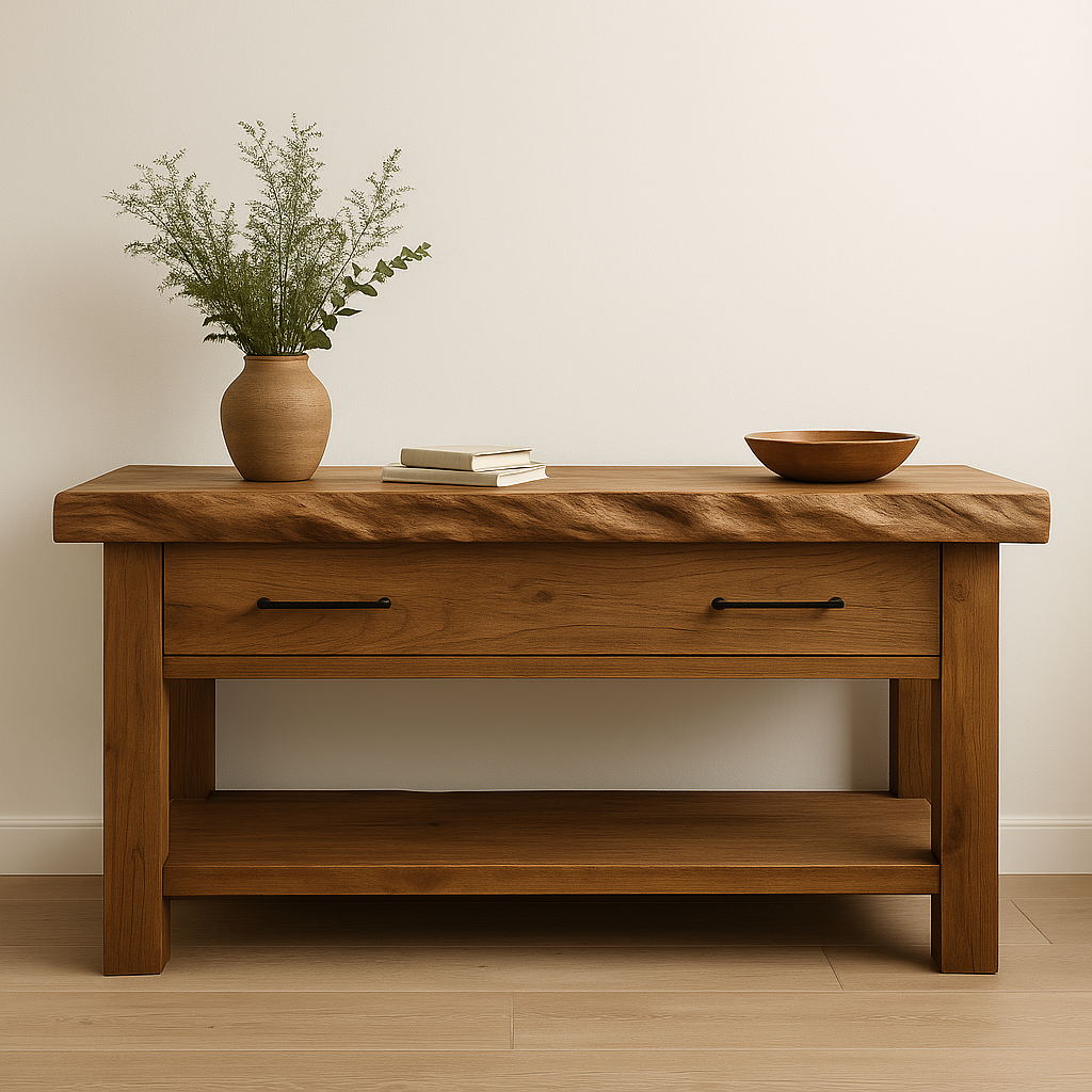 Handcrafted Solid Wood Console Table – Rustic Textured Edge Design with Natural Grain and Minimalist Form