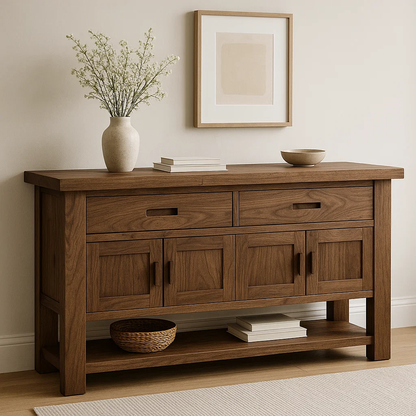 Handcrafted Solid Walnut Console Table – Modern Rustic Design with Storage Cabinets & Drawers