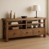 Handcrafted Solid Wood Console Table – Rustic Open Shelf Design with Drawers and Natural Finish