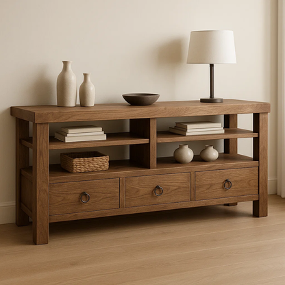 Handcrafted Solid Wood Console Table – Rustic Open Shelf Design with Drawers and Natural Finish