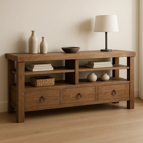 Handcrafted Solid Wood Console Table – Rustic Open Shelf Design with Drawers and Natural Finish