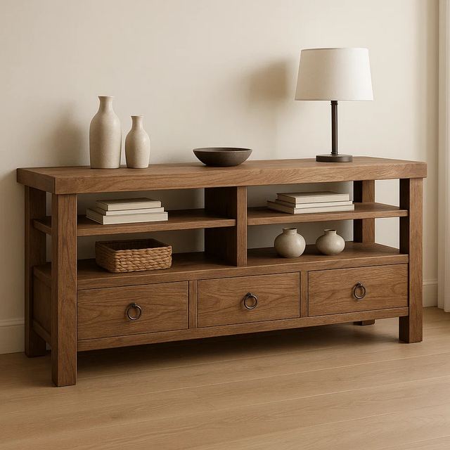 Handcrafted Solid Wood Console Table – Rustic Open Shelf Design with Drawers and Natural Finish