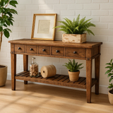 Handcrafted Solid Wood Console Table – Rustic Farmhouse Entryway Table with Drawers and Shelf